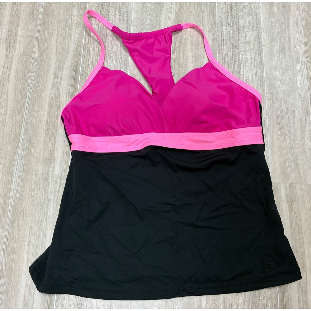 Danskin Now Womens Pink Black Colorblock Racerback Tankini Swim Top L
